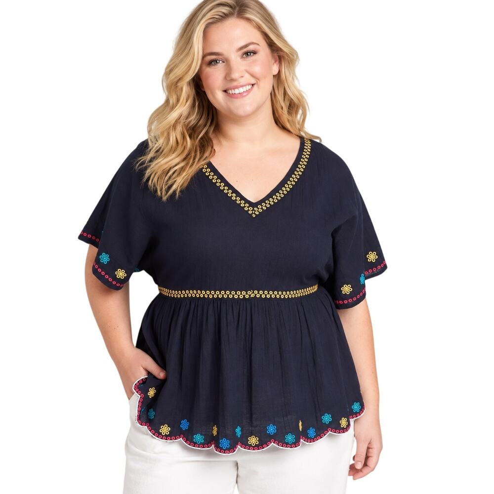 Lane Bryant Embroidered Babydoll Top Womens Size 16 Navy Night Sky Relaxed 1X